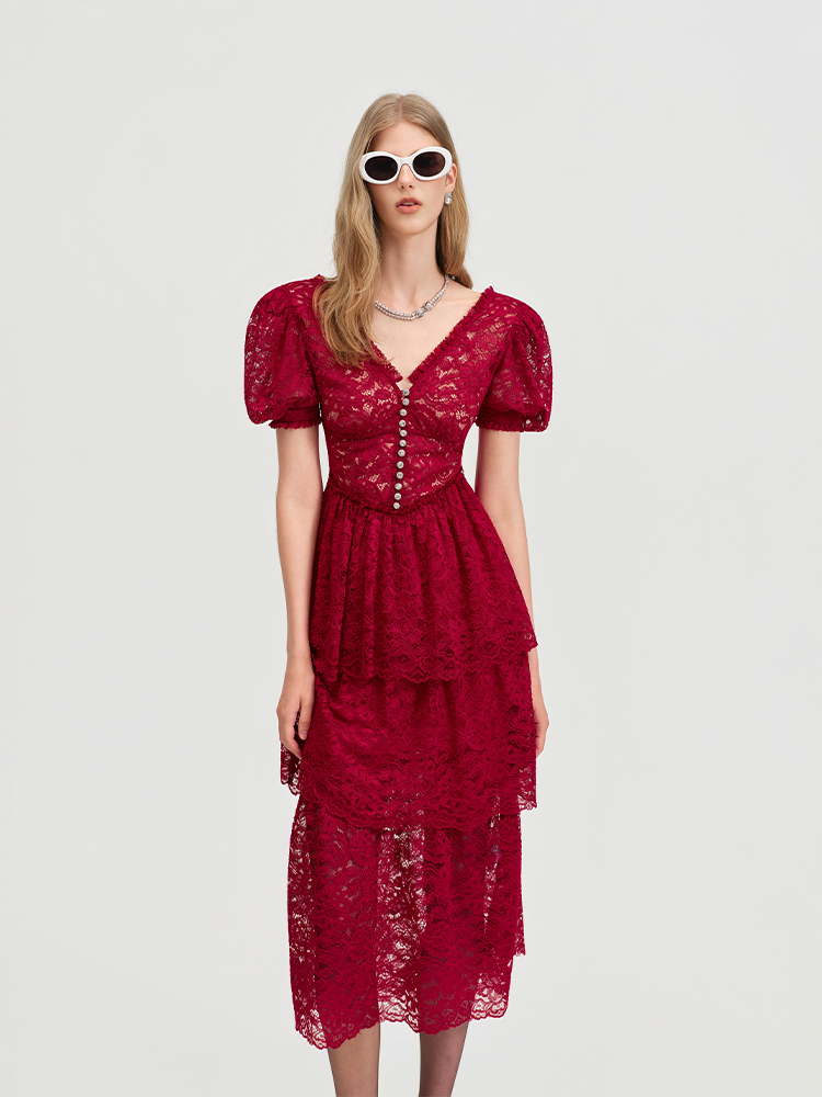 Red Lace Puff Sleeve Multi Layer Dress