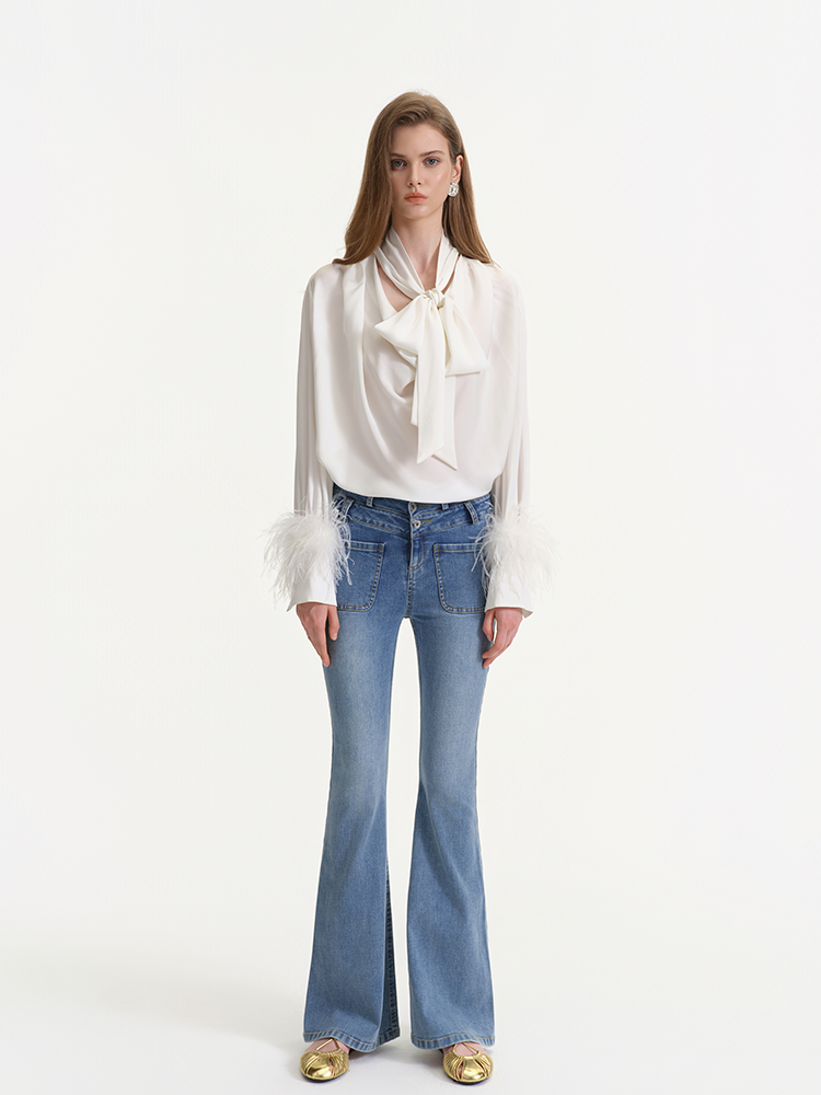 Blue High Waisted Flared Denim Pants with Front Pockets