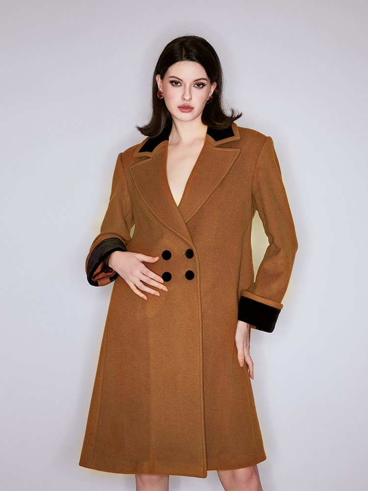 Velvet Collar Camel Wool Coat