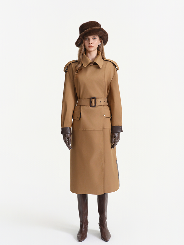 Coffee Color-Block Long Trench Coat