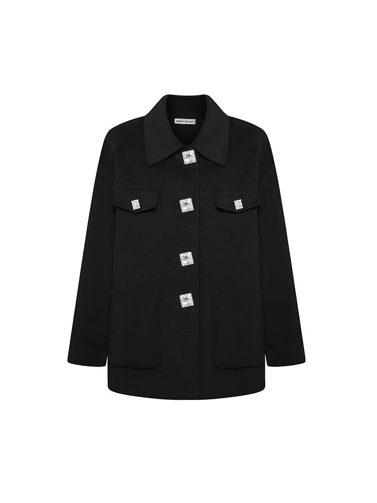 Rhinestone Button Lapel Wool Jacket