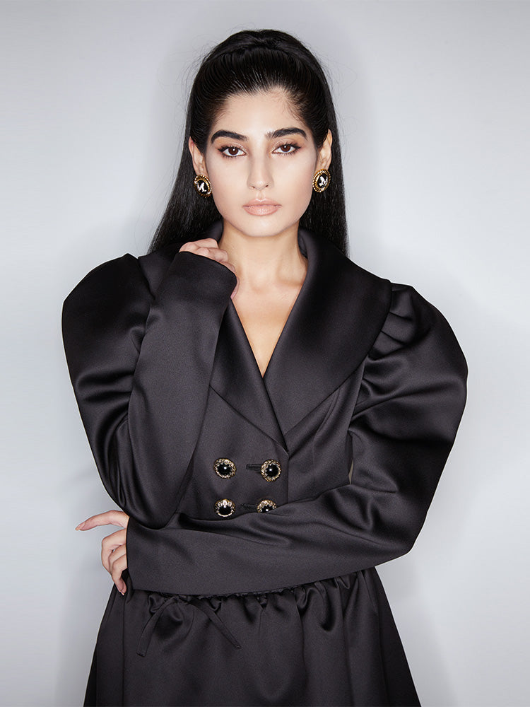 Black Satin Bubble Sleeve Short Jacket