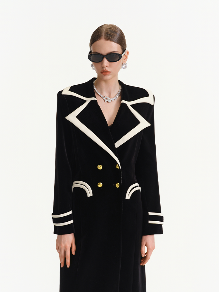 Velvet Color Blocked Lapel Long Coat