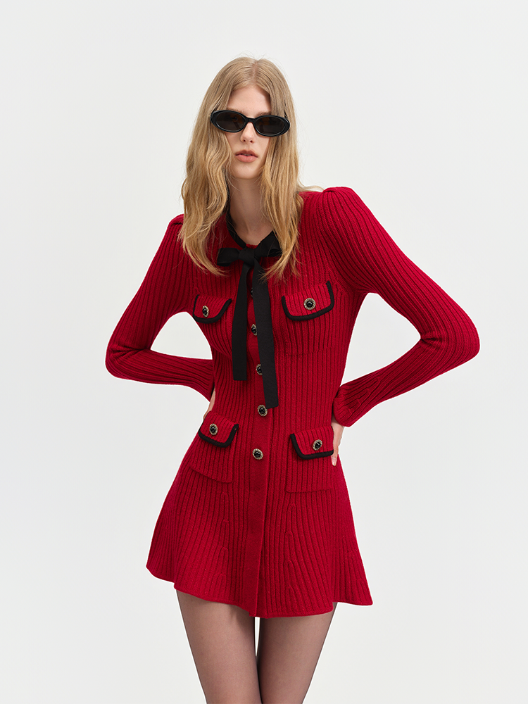 Red Knitted Slim Fit Dress with Black Streamers