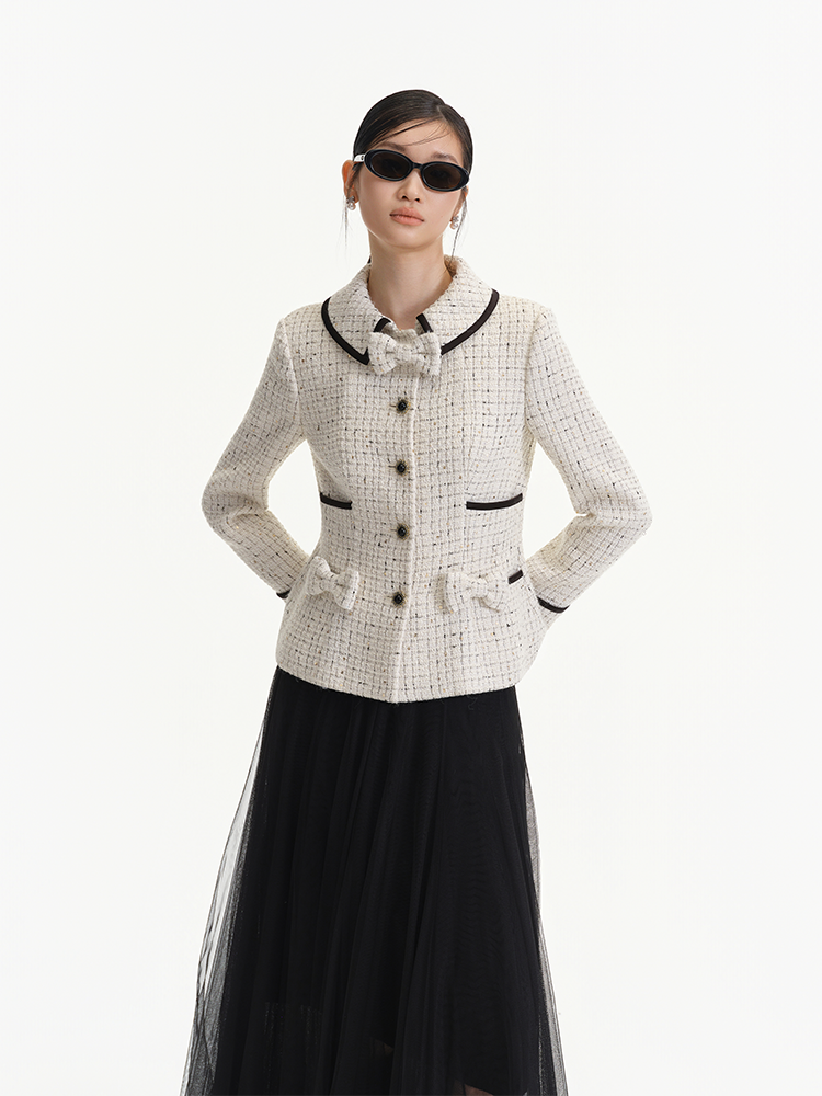 White Tweed Jacket with Black Trimmed Bows