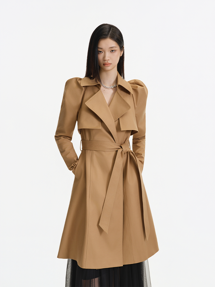 Khaki Trench Coat with Puffed Sleeves and Self Tie Waist
