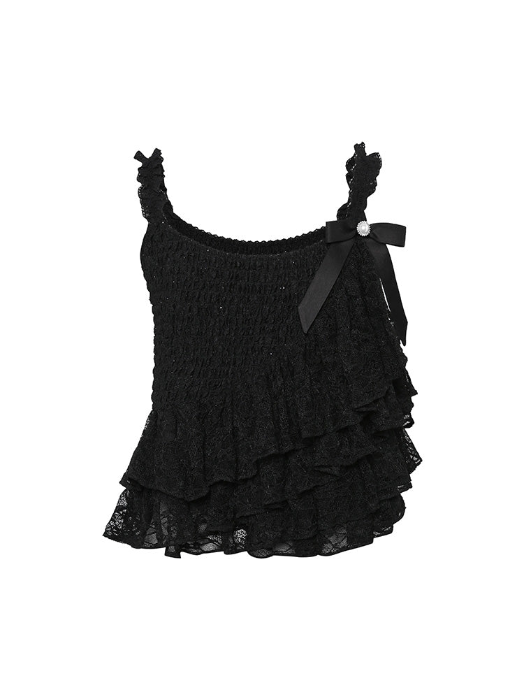 Lace Layered Ruffled Camisole Bow Accentuated Dress