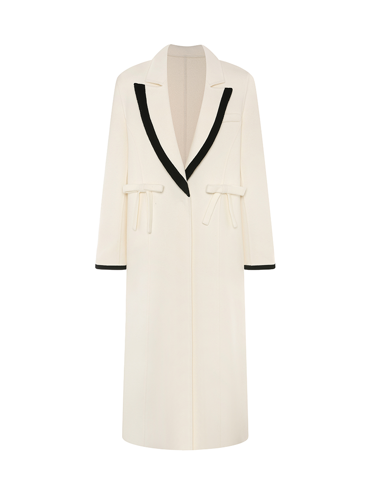 Color Blocked Bow Embellished Wool Blend Coat