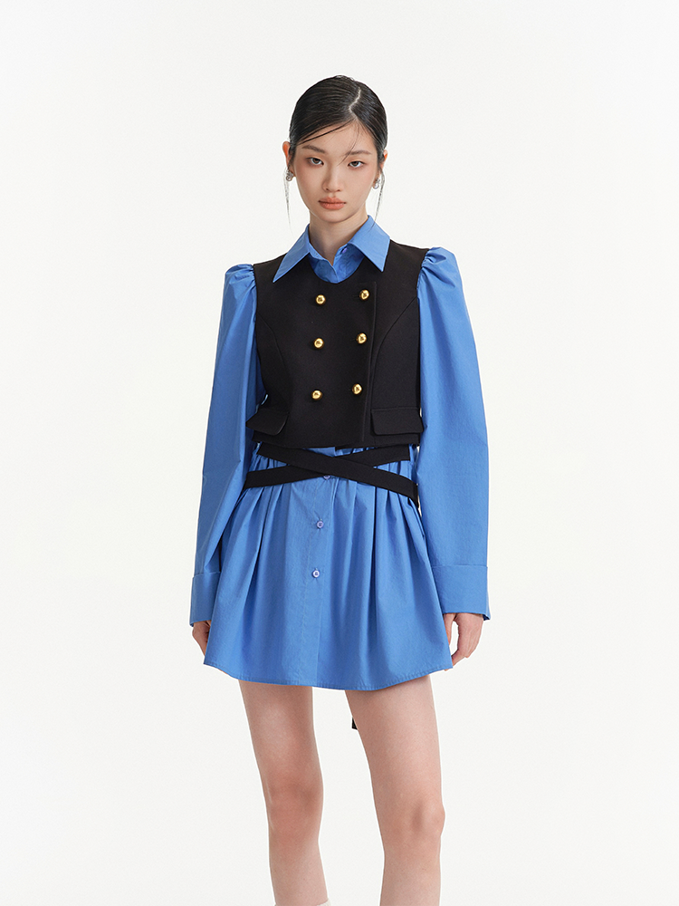 Blue Toned Gold Buttoned Waistcoat Shirt Dress