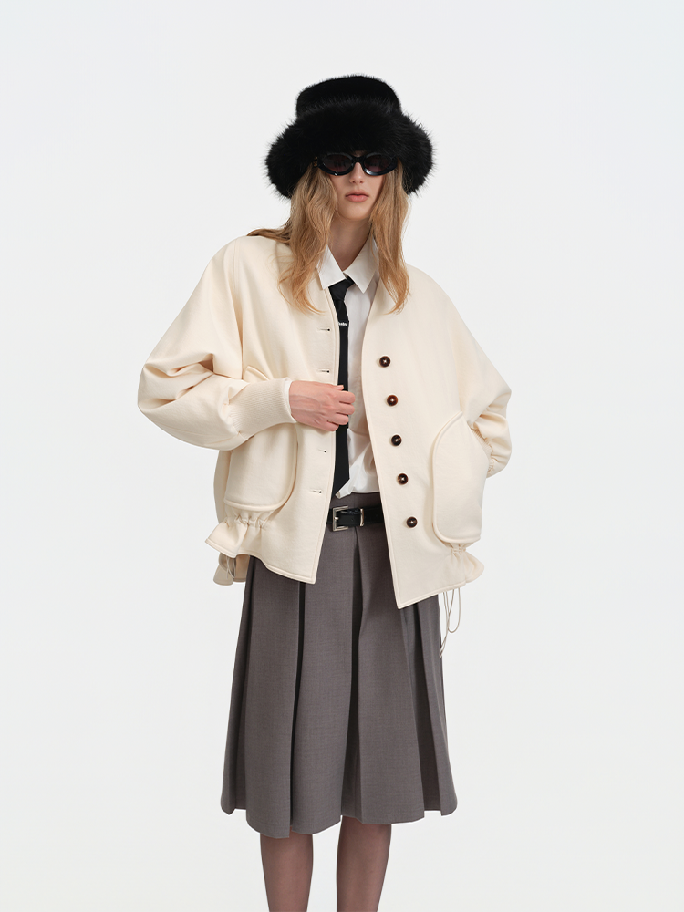 Off-White Short Jacket with Crew Neck and Ruched Hem