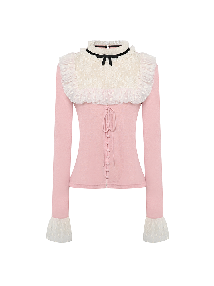 Pink And White Lace Ruffled Flare Sleeve Blouse