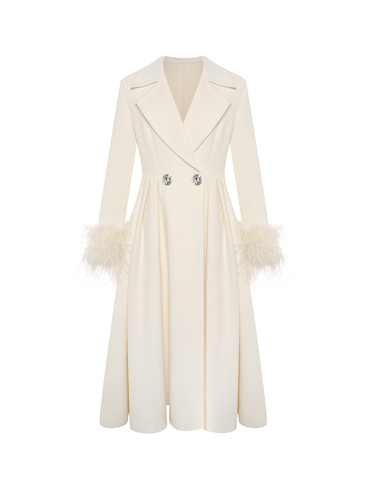 Wool Blend Coat with Feather Embellishments on Cuffs