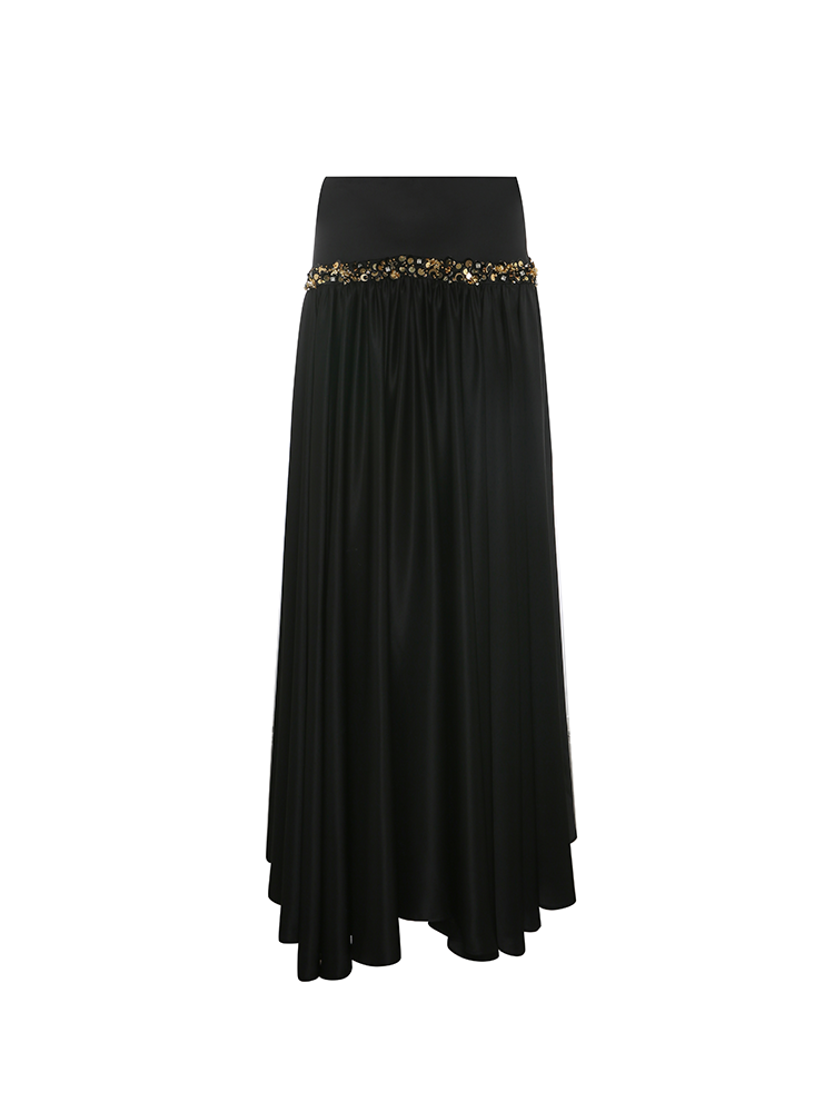 Black Satin Hand Embroidery Pleated Maxi Skirt