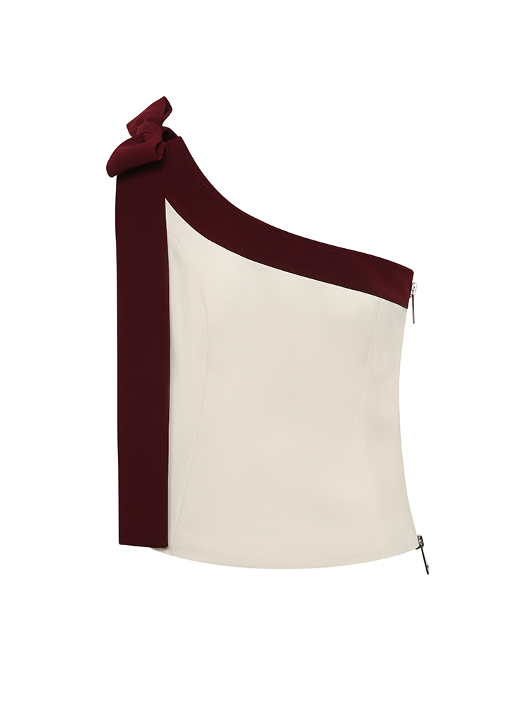 White and Red Contrast Color Asymmetric Shoulder Top