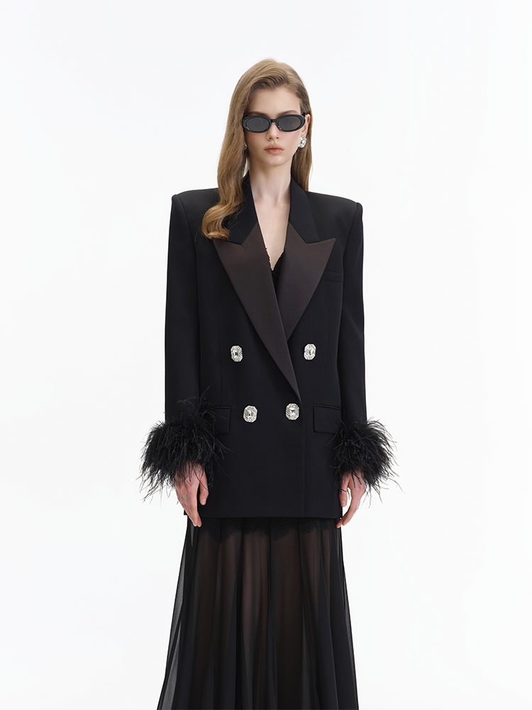 Black Feather Sleeve Satin Paneled Suit Jacket