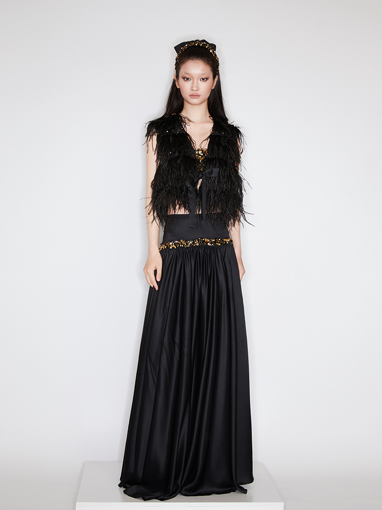 Black Satin Hand Embroidery Pleated Maxi Skirt