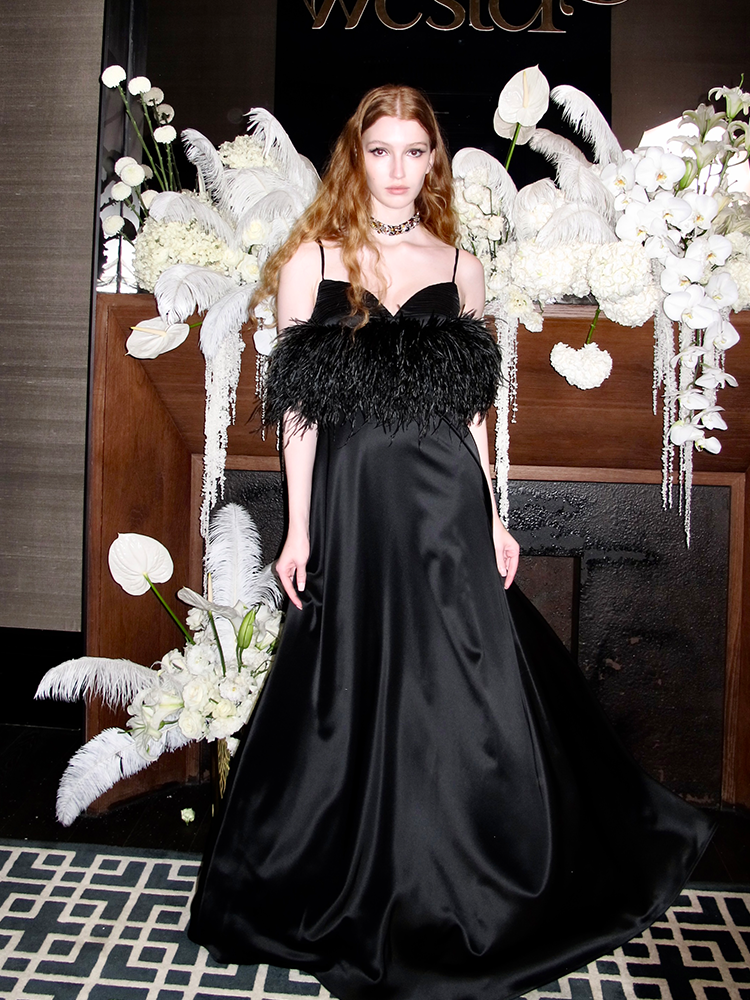 Satin ostrich feather gown