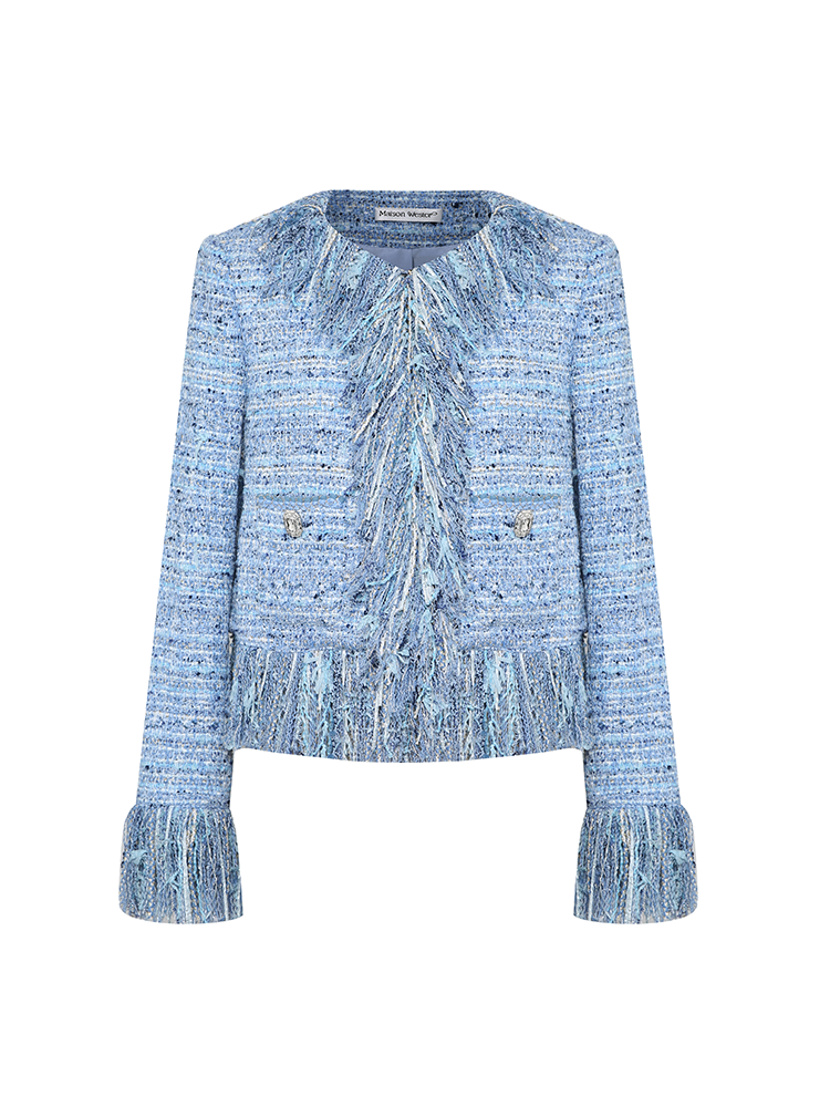 Tasseled Blue Tweed Short Coat
