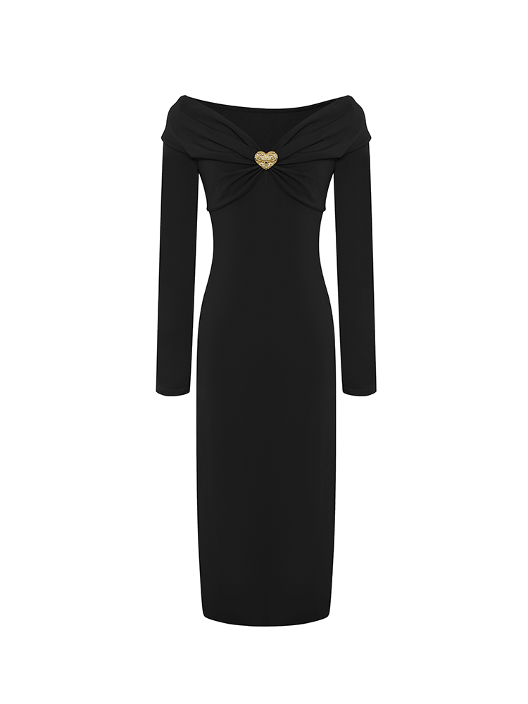 V-Neck Knitted Dress with Golden Heart Shaped Buttons