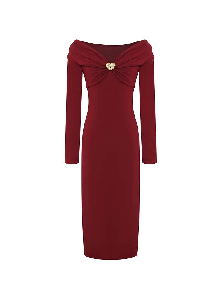 V-Neck Knitted Dress with Golden Heart Shaped Buttons