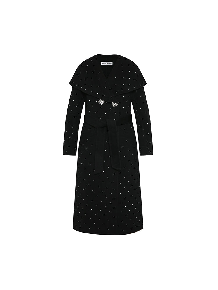 Large Lapel Rhinestone Wool Coat