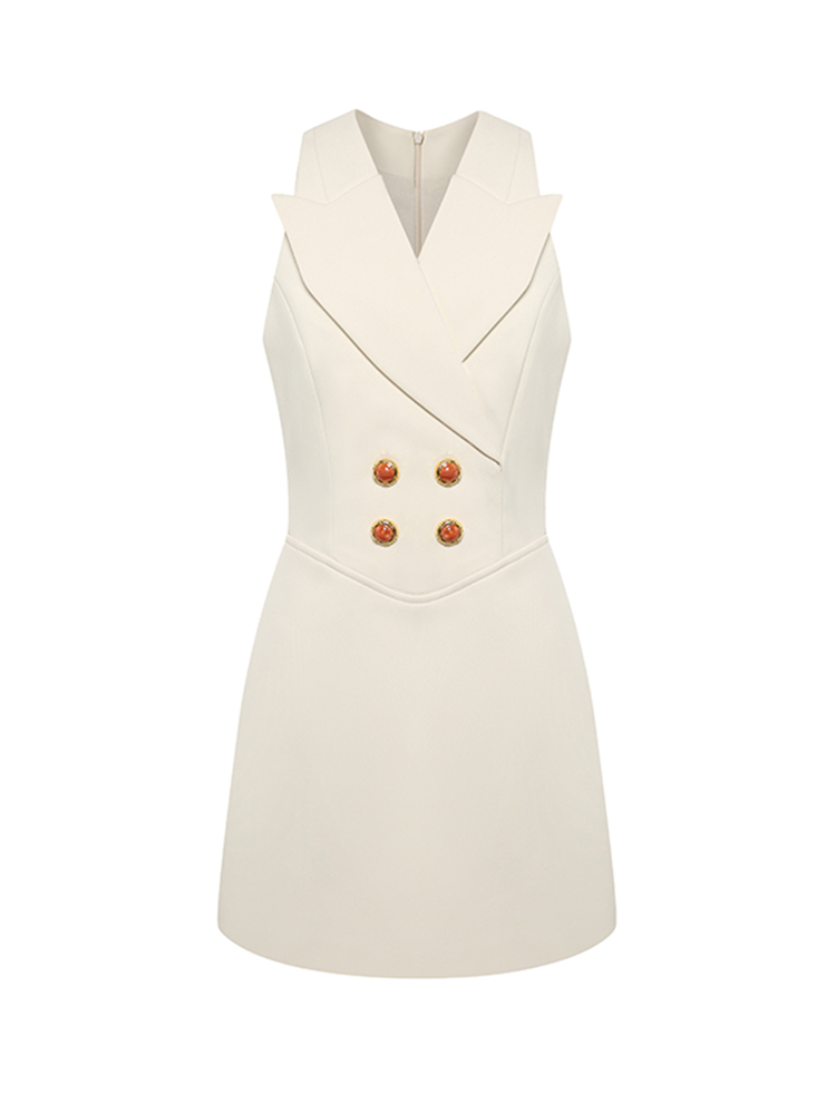 Beige Double Breasted Sleeveless Dress