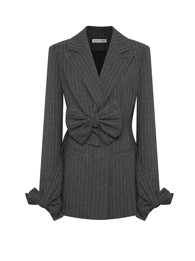 Large Bow Gray Striped Woolen Coat