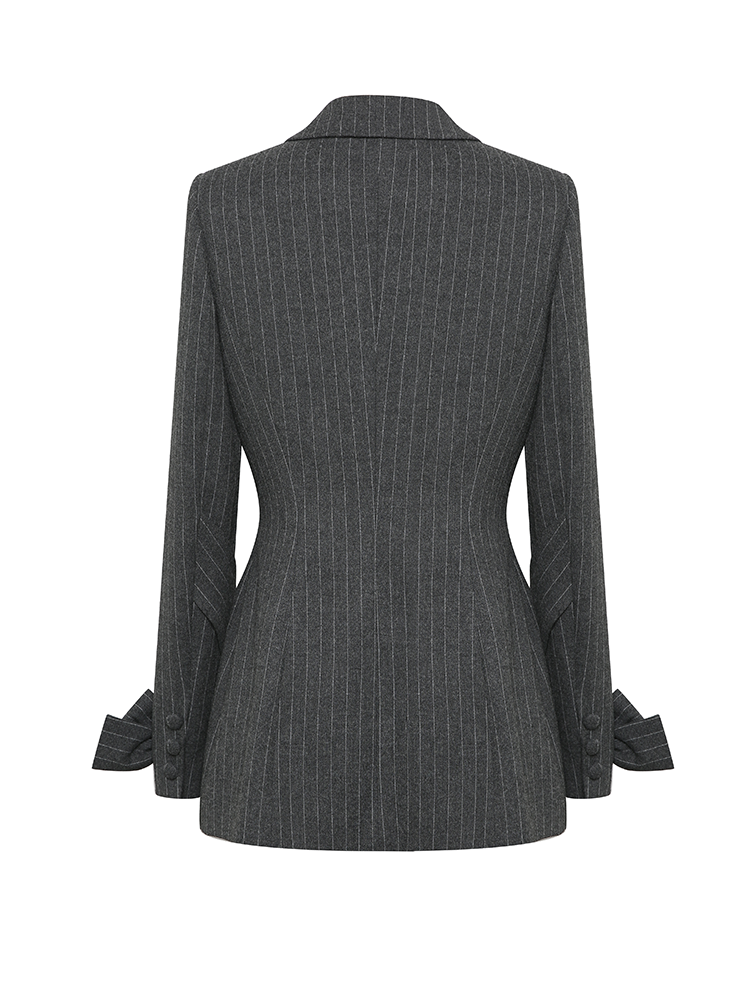 Large Bow Gray Striped Woolen Coat