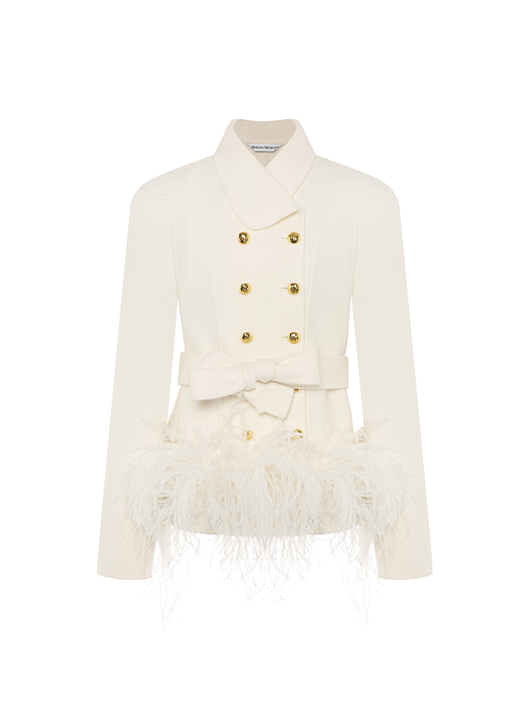 Cream White Feather Trimmed Hem Coat