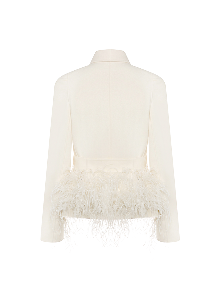 Cream White Feather Trimmed Hem Coat