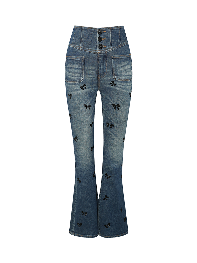 Blue High Waisted Flared Jeans with Heat Pressed Rhinestones