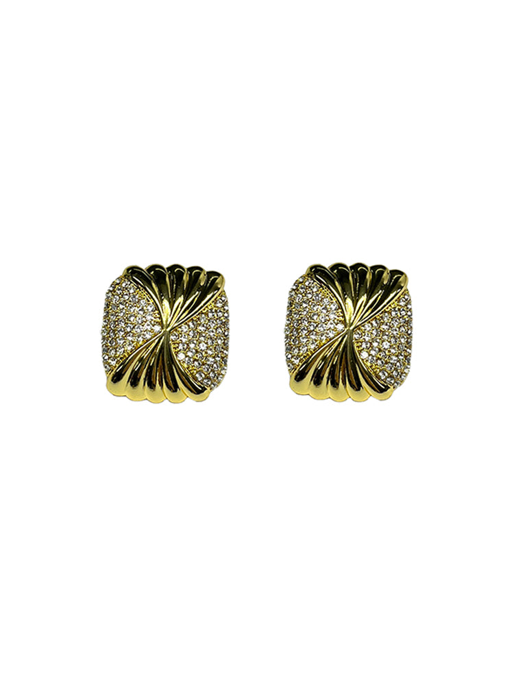 Gold Ripple Rhinestone Stud Earrings